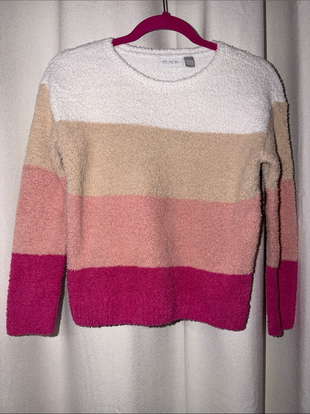 Place Girls White Cream Pink Fuchsia Striped Fuzzy Sweater